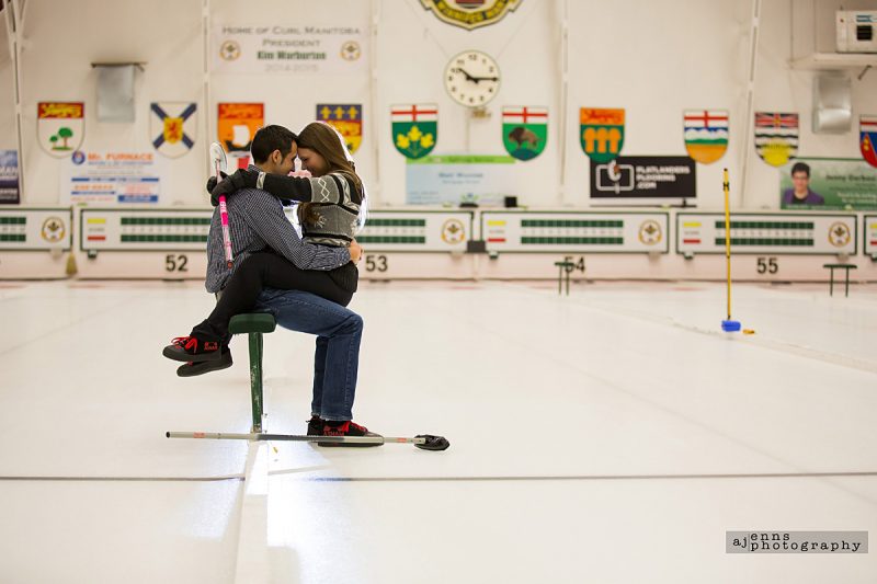Snuggling on the curling bench at Fort Rouge Curling club