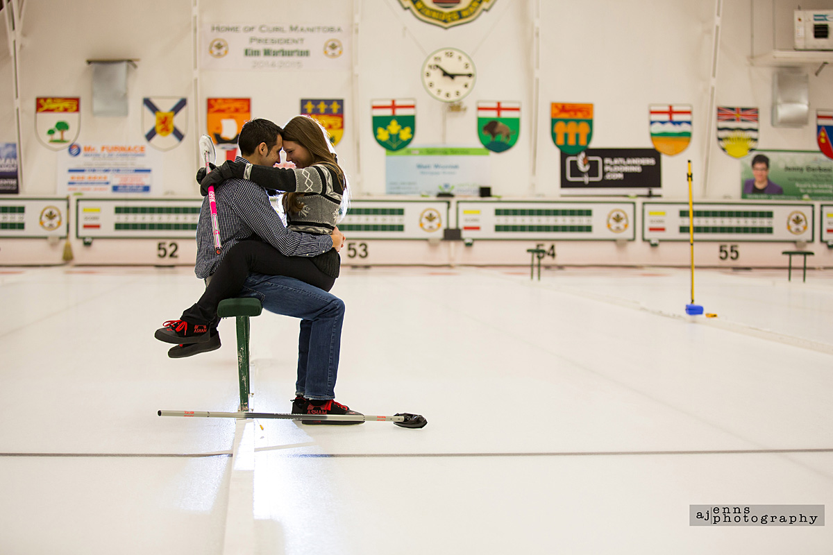 Snuggling on the curling bench at Fort Rouge Curling club