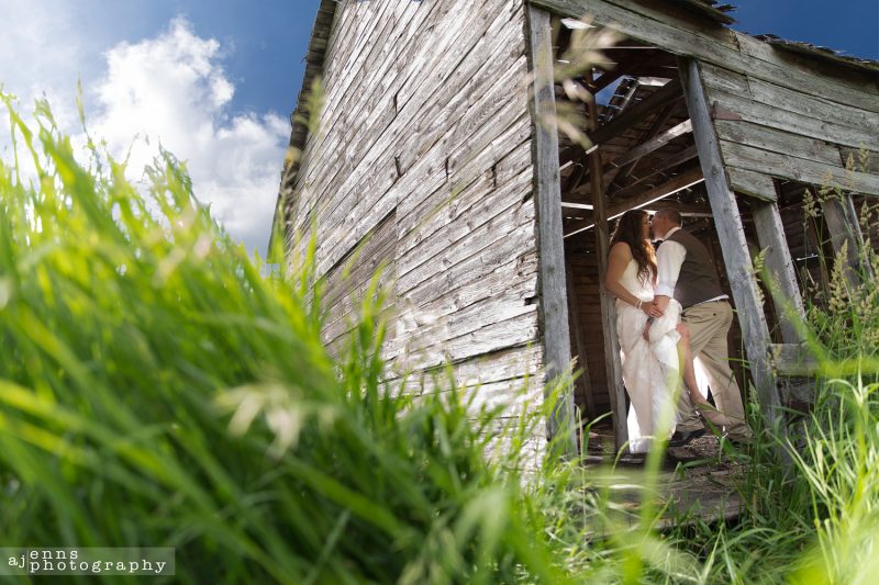 The bride and groom in a old decrepit building