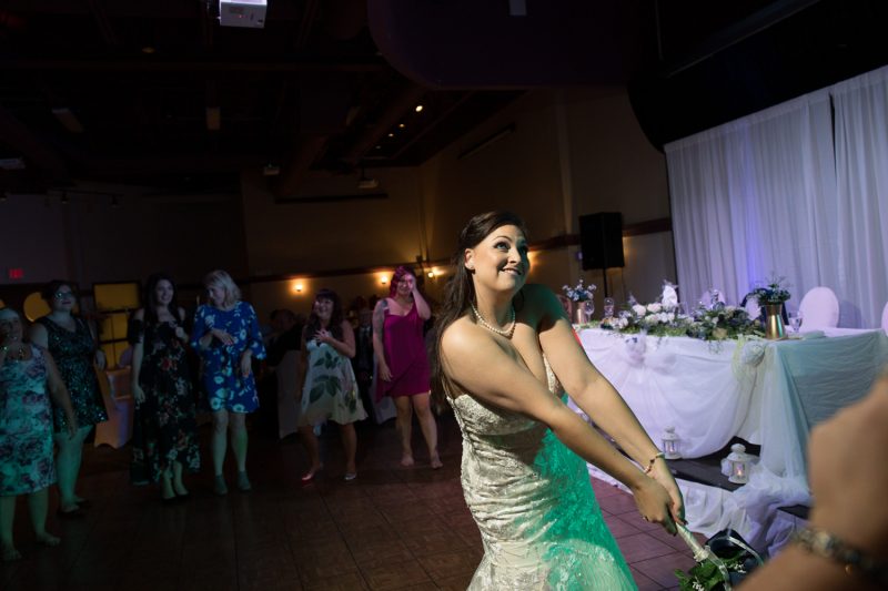 Jenn about to throw her bouquet