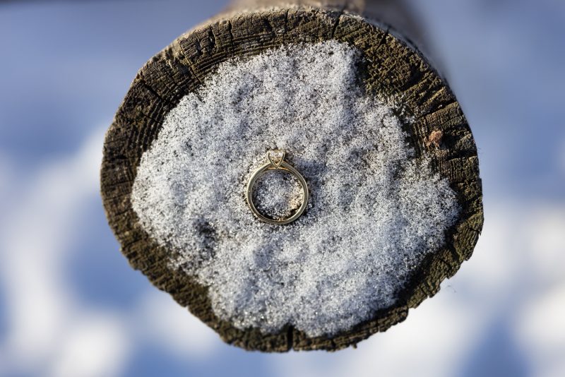 A close up image of Jasmine's ring on the top of a fence post in the snow