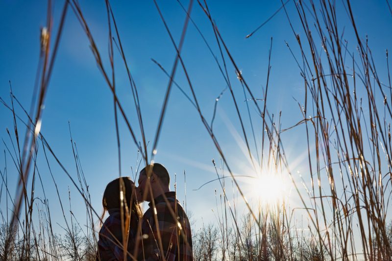 A low angle of the couple kissing seen through the wheat with a sun burst in the background
