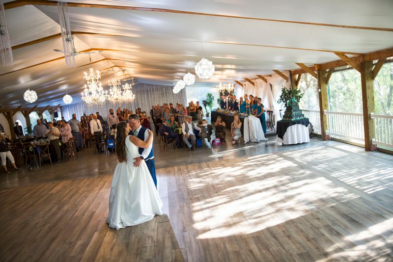 High angle shot of the first dance under the tent at Evergreen Village